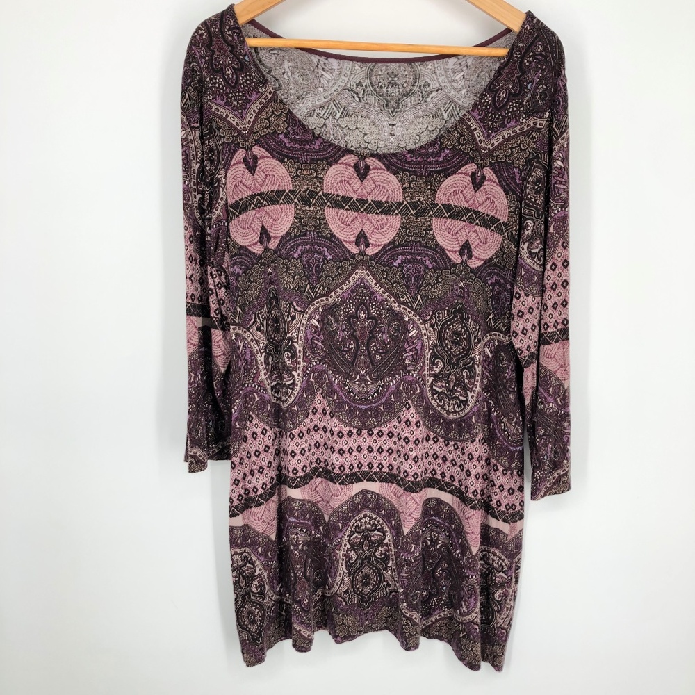 Soma Womens Mix Print Tunic Top Size Large Purple 3/4 Sleeve Stretch Scoop Neck